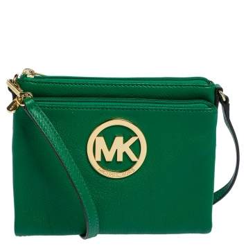 Pre Owned Michael Kors Green Leather Fulton Crossbody Bag