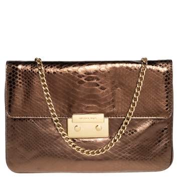 Pre Owned Michael Kors Bronze Python Effect Leather Pushlock Flap Slim Shoulder Bag