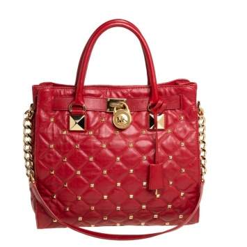 Pre Owned Michael Kors Red Quilted Leather Studded Hamilton Tote 