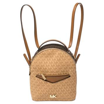 Pre Owned Michael Kors Brown/Tan Signature Coated Canvas and Leather Jessa Backpack