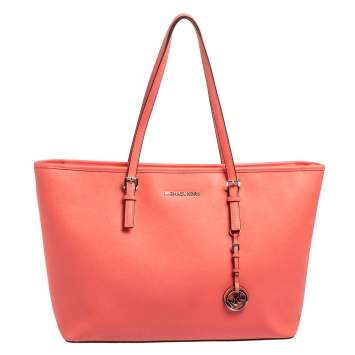 Pre Owned Michael Kors Coral Pink Saffiano Leather Large Jet Set Travel Tote