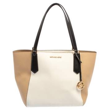 Pre Owned Michael Kors Beige/White Leather Kimberly Tote