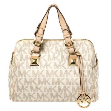 Pre Owned MICHAEL Michael Kors Ivory/Beige Signature Coated Canvas and Leather Grayson Boston Bag