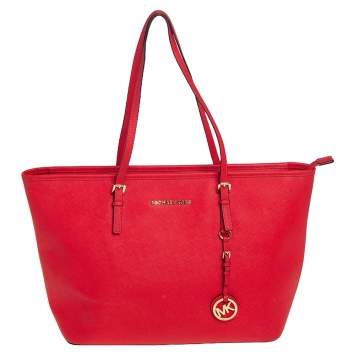 Pre Owned Michael Kors Red Leather Large Jet Set Travel Tote