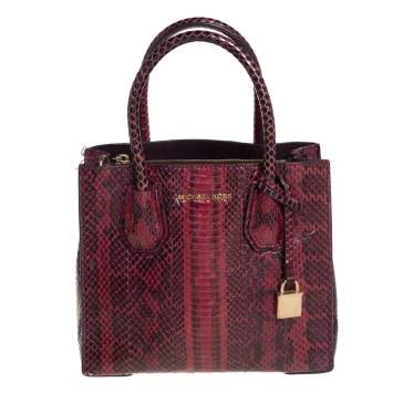 Pre Owned Michael Kors Burgundy Snakeskin Small Mercer Tote