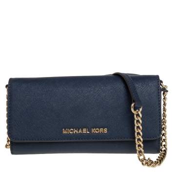 Pre Owned Michael Kors Blue Textured Leather Jet Set Chain Wallet