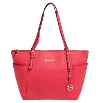 Pre Owned Michael Kors Coral Red Leather Medium Jet Set Top Zip Tote