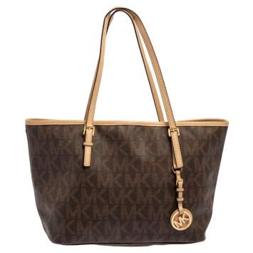 Pre Owned Michael Kors Brown/Beige Signature Coated Canvas and Leather Small Jet Set Travel Tote