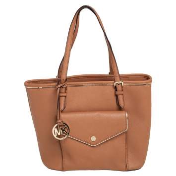 Pre Owned Michael Kors Brown Saffiano Leather Jet Set Pocket Tote