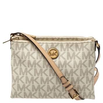Pre Owned Michael Kors White/Tan Monogram Coated Canvas and Leather Crossbody Bag