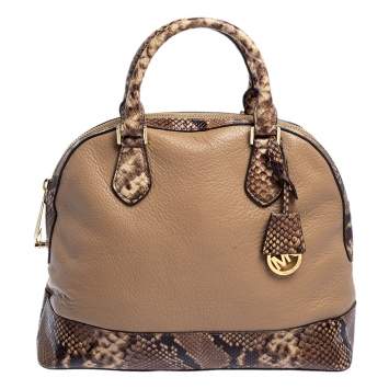 Pre Owned Michael Kors Beige/Brown Leather and Python Embossed Leather Smythe Satchel