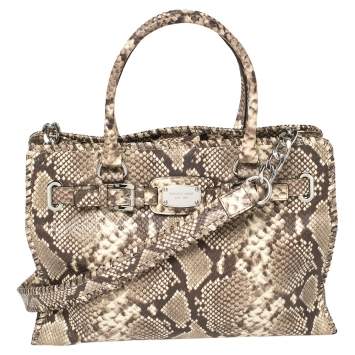 Pre Owned Micheal Kors Brown/Beige Python Embossed Leather Hamilton Tote