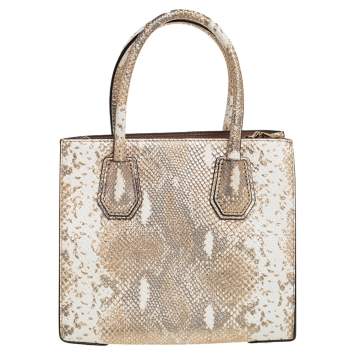 Pre Owned Michael Kors White/Gold Python Embossed Leather Small Mercer Tote
