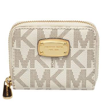 Pre Owned Michael Kors White Signature Coated Canvas Zip Around Compact Wallet