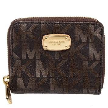 Pre Owned  Michael Kors Brown Signature Coated Canvas Zip Around Compact Wallet