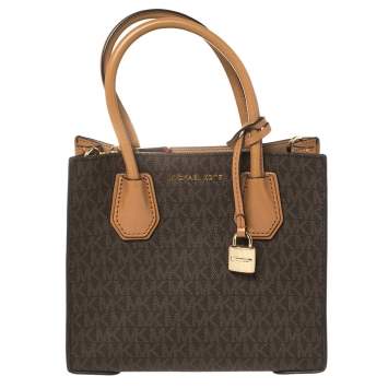 Pre Owned Michael Kors Two Tone Brown Signature Coated Canvas and Leather Mini Mercer Tote