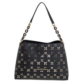 Pre Owned Michael Kors Black Floral Perforated Leather Portia Satchel