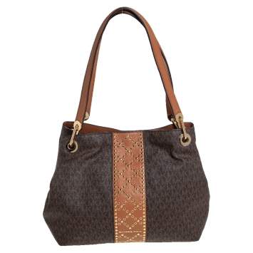 Pre Owned Michael Kors Brown Signature Coated Canvas and Leather Raven Studded Shoulder Bag