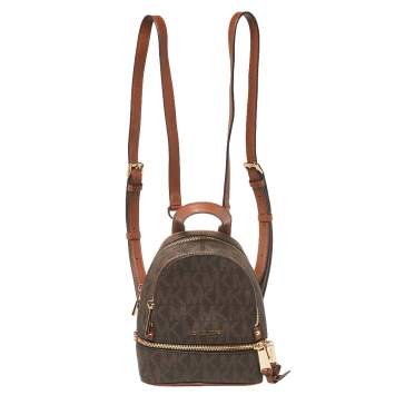Pre Owned Michael Kors Brown Signature Coated Canvas and Leather Mini Rhea Backpack