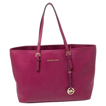 Pre Owned Michael Kors Fuchsia Leather Large Jet Set Travel Tote