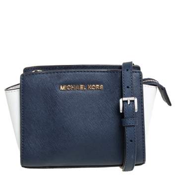 Pre Owned Michael Kors Navy Blue/White Leather Mini Selma Crossbody Bag