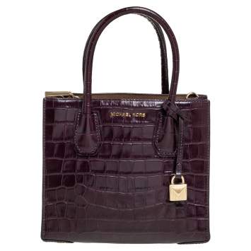 Pre Owned Michael Kors Plum Croc Embossed Leather Mini Mercer Tote