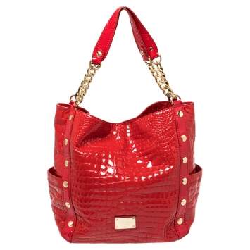 Pre Owned Michael Kors Red Croc Embossed Patent Leather Delancy Tote