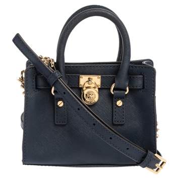 Pre Owned Michael Michael Kors Navy Blue Leather Hamilton Mini Tote