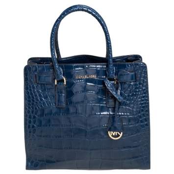 Pre Owned Michael Michael Kors Blue Croc Embossed Leather Dillon Tote