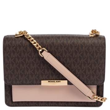 Pre Owned Michael Kors Beige/Brown Monogram Coated Canvas and Leather Jade Shoulder Bag