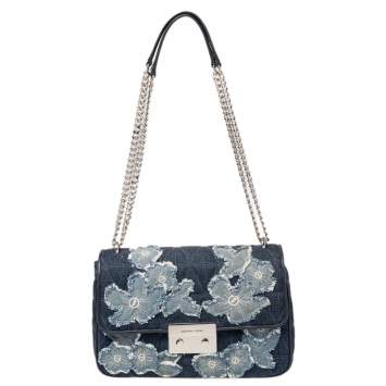 Pre Owned Michael Kors Blue Floral Denim Sloan Shoulder Bag