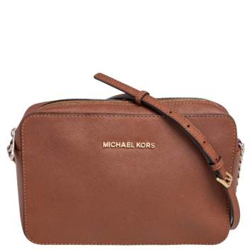 Pre Owned Michael Kors Brown Saffiano Leather Jet Set Camera Crossbody Bag