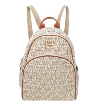 Pre Owned Michael Kors White Signature Coated Canvas Large Studded Jet Set Backpack