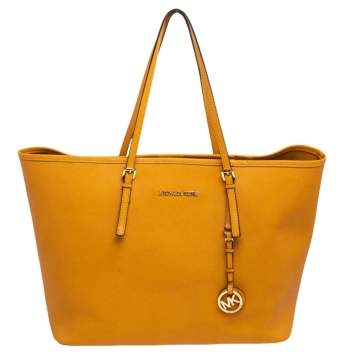 Pre Owned Michael Kors Yellow Saffiano Leather Large Jet Set Travel Tote