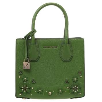 Pre Owned Michael Kors Green Floral Embellished Leather Small Mercer Tote