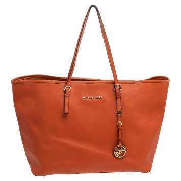 Pre Owned Michael Kors Orange Leather Large Jet Set Travel Tote