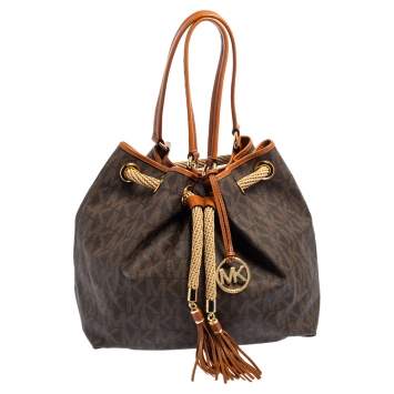 Pre Owned MICHAEL Michael Kors Brown/Tan Signature Coated Canvas and Leather Marina Drawstring Tote
