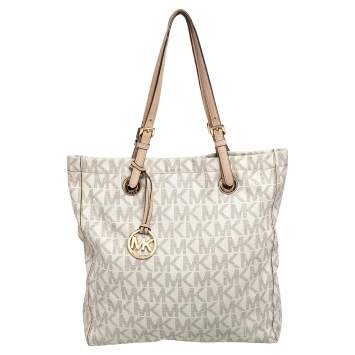 Pre Owned Michael Kors Off White Signature Canvas Jet Set North South Tote