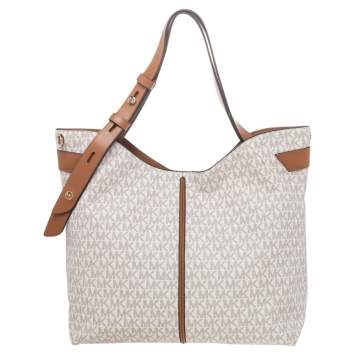 Pre Owned Michael Kors White/Brown Signature Canvas And Leather Large Downtown Astor Shoulder Bag
