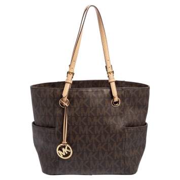 Pre Owned MICHAEL Michael Kors Brown Signature Coated Canvas And Leather Jet Set Tote
