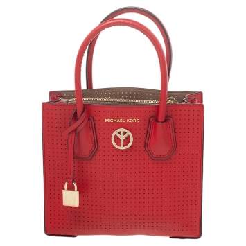Pre Owned Michael Kors Red Perforated Leather Mini Mercer Tote