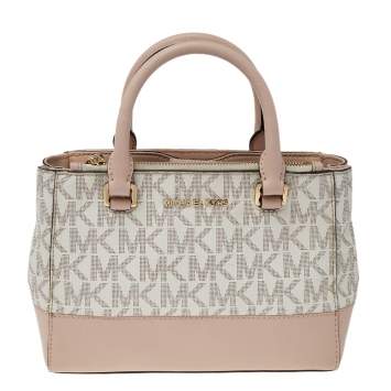 Pre Owned Michael Kors White/Pink Monogram Coated Canvas And Leather Kellen XS Satchel