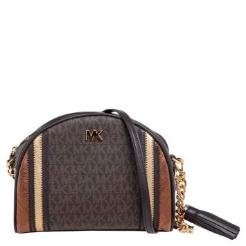 Pre Owned Michael Kors Brown Signature Coated Canvas and Leather Dome Crossbody Bag
