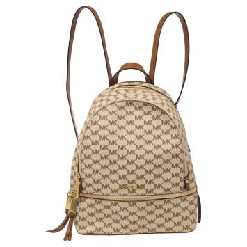 Pre Owned Michael Kors Beige Signature Coated Canvas Medium Abbey Backpack