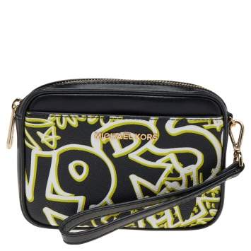 Pre Owned Michael Kors Black Graffiti Print Coated Canvas and Leather Belt Wristlet Clutch