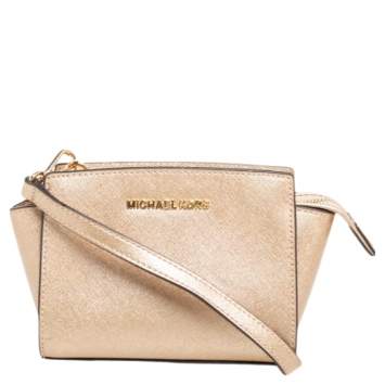 Pre Owned Michael Kors Metallic Gold Saffiano Leather Mini Selma Crossbody Bag