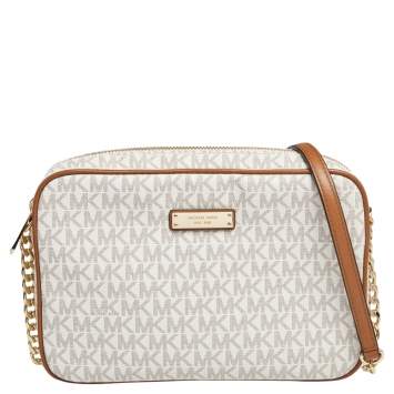 Pre Owned Michael Kors Beige/Tan Signature Coated Canvas East/West Crossbody Bag