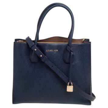 Pre Owned Michael Kors Navy Blue Grained Leather Large Mercer Tote