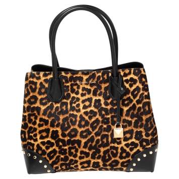 Pre Owned Michael Kors Black/Brown Leather and Calf Hair Medium Mercer Gallery Tote