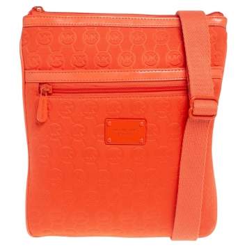 Pre Owned Michael Kors Orange Signature Embossed Neoprene Fabric Messenger Bag